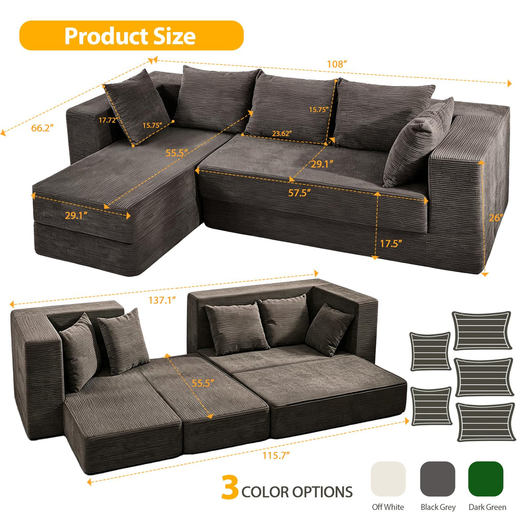 108" Boneless Sectional Chaise Couch, 17.5" Seat Height,Black Grey