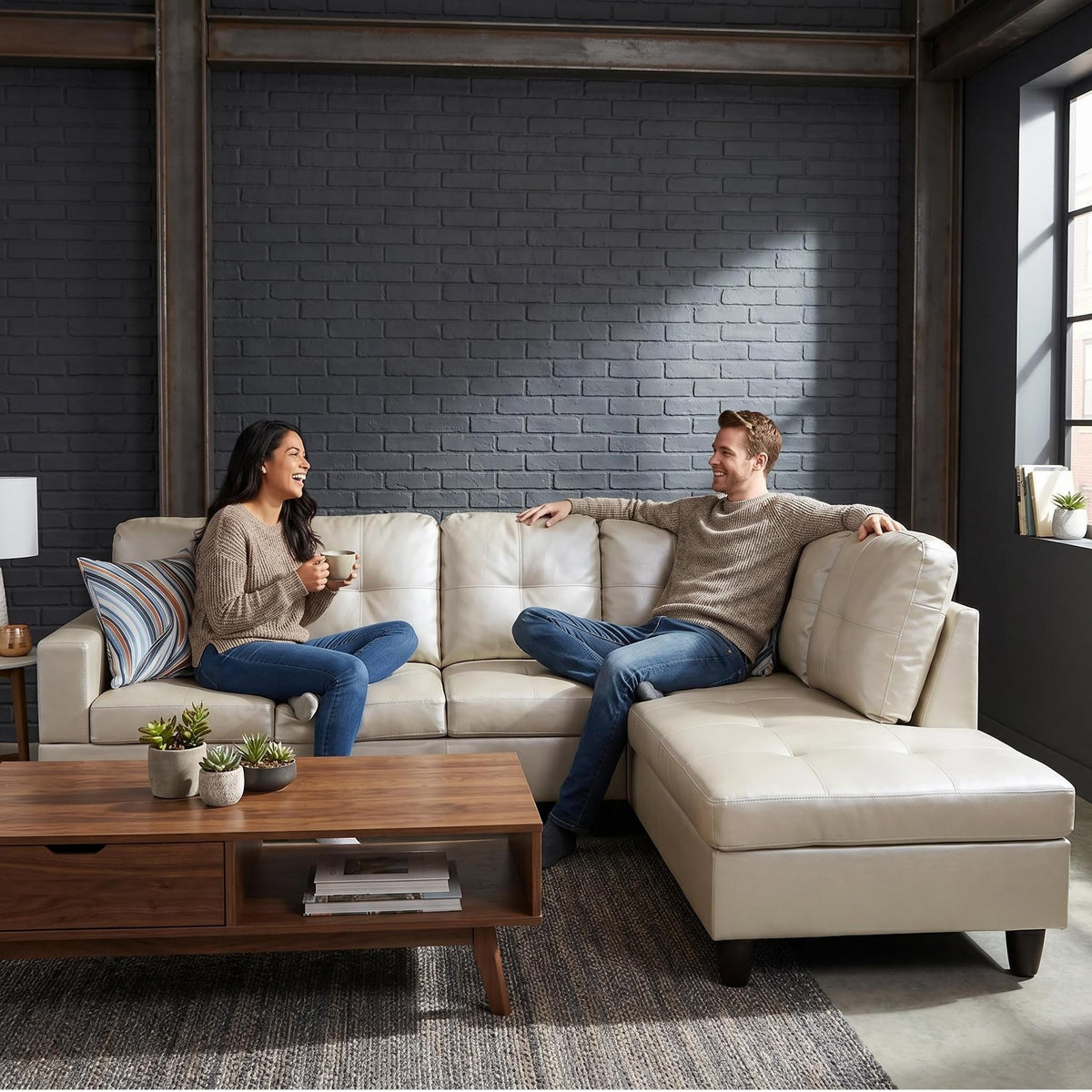 103.5" Sectional Couch with Movable Ottoman, L Shaped 4 Seater PU Faux Leather Sofa w/Chaise Lounge, Comfy Modern Modular Couch for Living Room, Apartment, White Stripes, Right, 3PCS