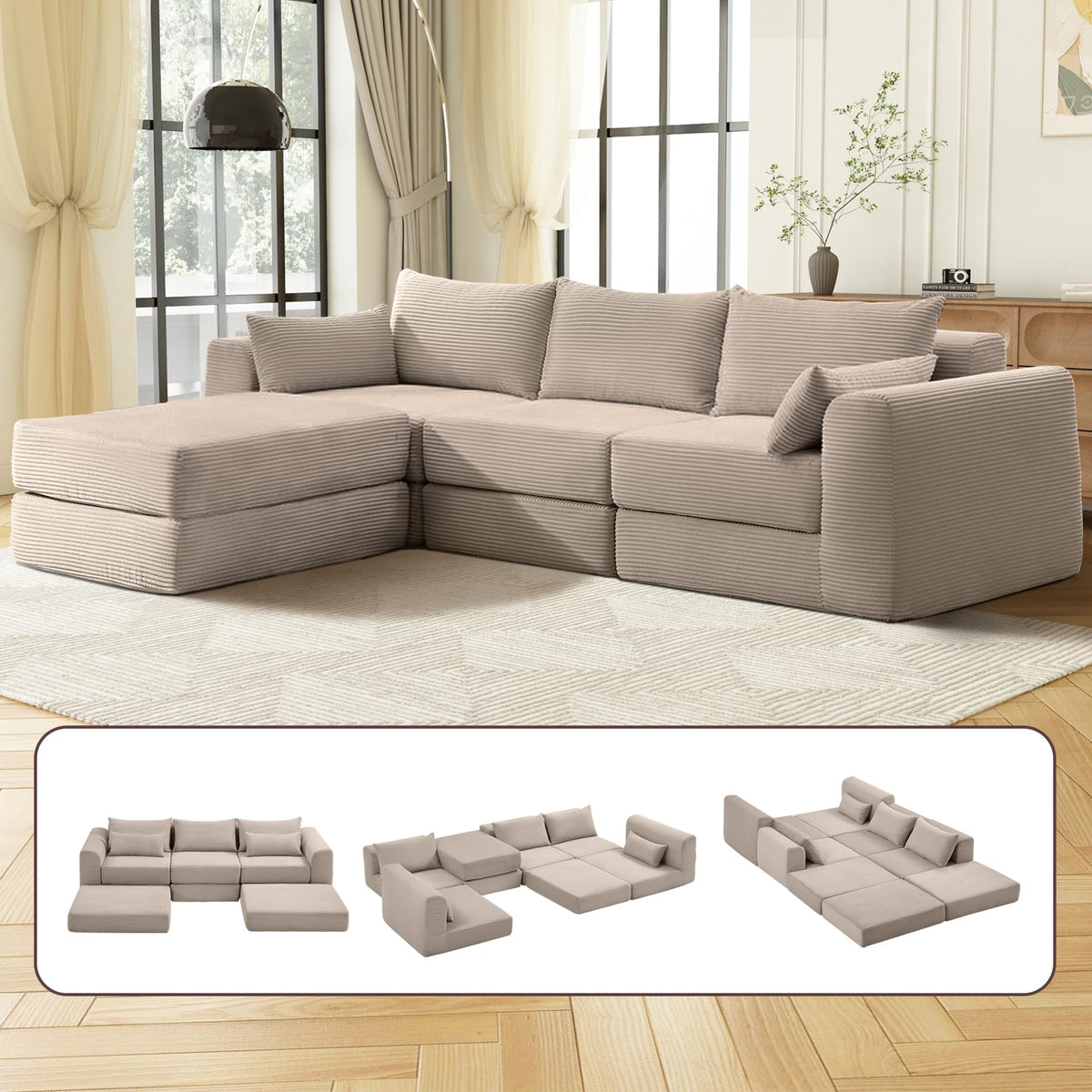 130 Inch Modular Cloud Sectional Sofa, 6 Seater Freely Combined Convertible Sofa with Ottoman, No Installation Compressed Floor Sofa, Soft Memory Foam Cushion for Living Room Apartment, Black