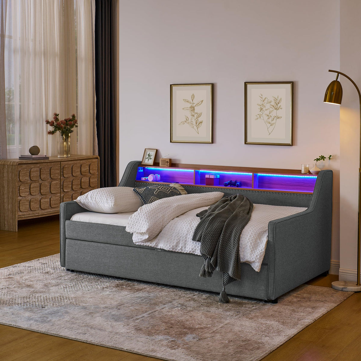 Twin Size Upholstery Sofa Bed with Three LED Lights, with Storage Adjustable Headboard, with Foldable Leg Pull up Trundle Bed and Wireless Charging, Linen Padded Sofa Bed Frame, Grey