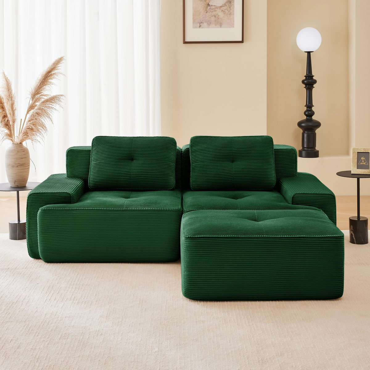 115.3” Camel Boneless Couches for Living Room, Modular Sectional Sofa with L-Shape Chaise, 3 Seater Comfy Upholstered Deep Seat Corduroy Fabric Cloud Couch No Assembly, Anti-Slip Design