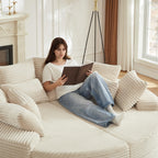 78.5" Beige Round Sofa Bed, Oversized Corduroy Boneless Couch, 2-in-1 Convertible Recliner Chair with Neck Pillow & 5 Throw Pillows, No Assembly, Living Room Lounge Furniture