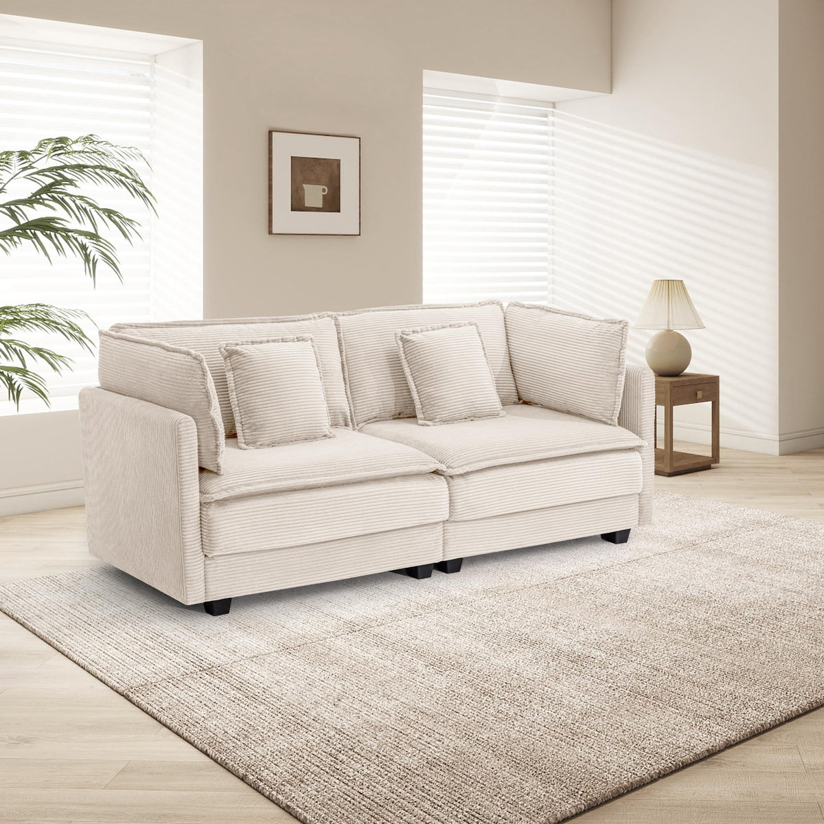 113" Modular L-Shaped Sectional Sofa with Movable Ottoman, 4-Seat Corduroy Modern Cloud Couch with Deep Seat and Pillows, Sofa Set for Living Room, Apartment and Bedroom, Black