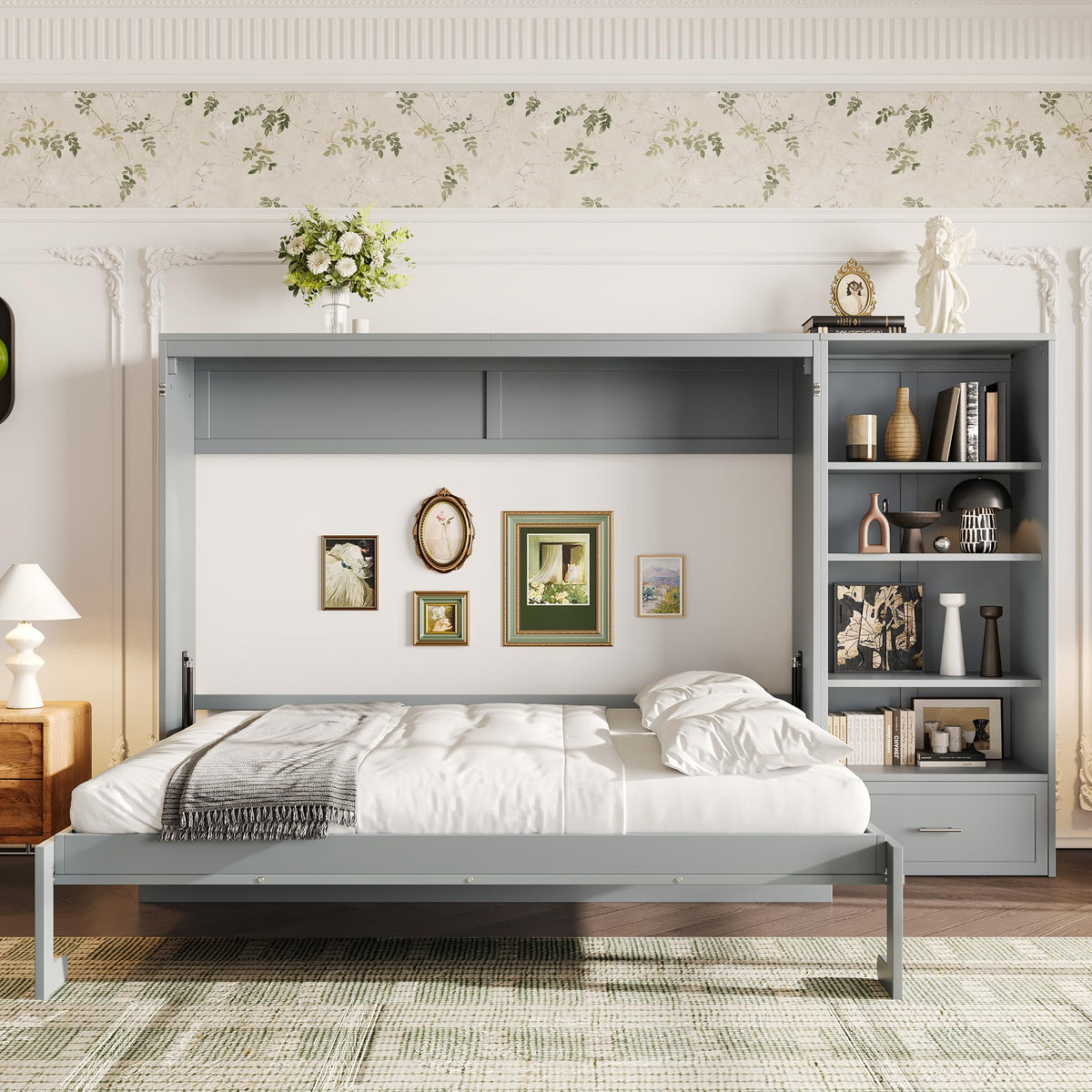 Wood Murphy Bed with Sofa, 4 Storage Shelves and USB Charging Station