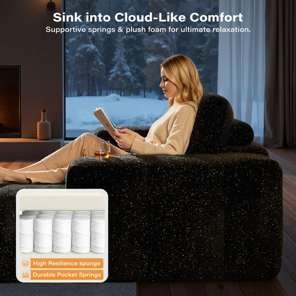114" L Shaped Cloud Couches with Chaise,Right Facing Modular Sectional Sofa,Glitter Fabric Couch with Deep Seats for Living Room,Bedroom and Apartment,No Assembly Required,Black