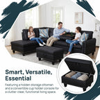 Leather L-Shaped Couch Set, 97.5"L x 69.5"W Sectional Sofas Black