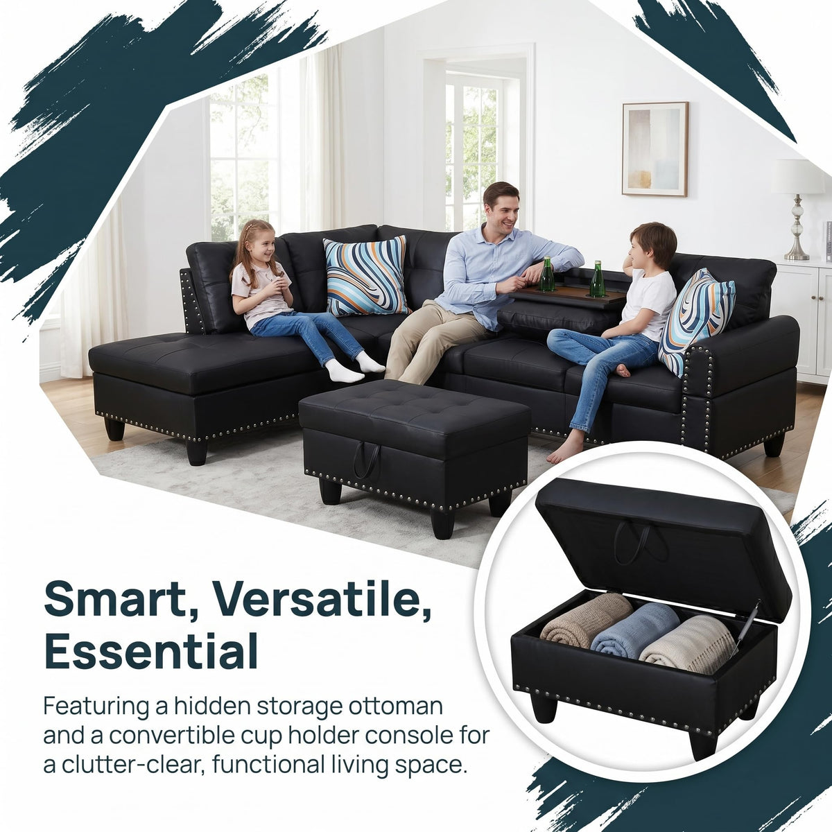 Leather L-Shaped Couch Set, 97.5"L x 69.5"W Sectional Sofas Black