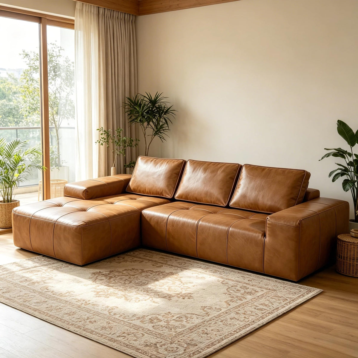 114" Brown Left Facing Sectional Couch with Chaise,Faux Leather Sectional Couch No Assembly Required,Boneless L Shaped Couch for Living Room