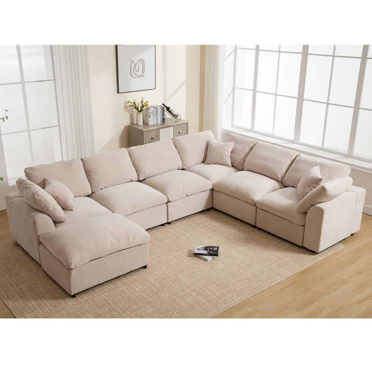 129.3" Oversized Modular Sectional Couch, Cloud U Shaped Couch with Movable Ottoman, Comfy Large 7 Seat Corner Couches for Living Room, Apartment, Beige