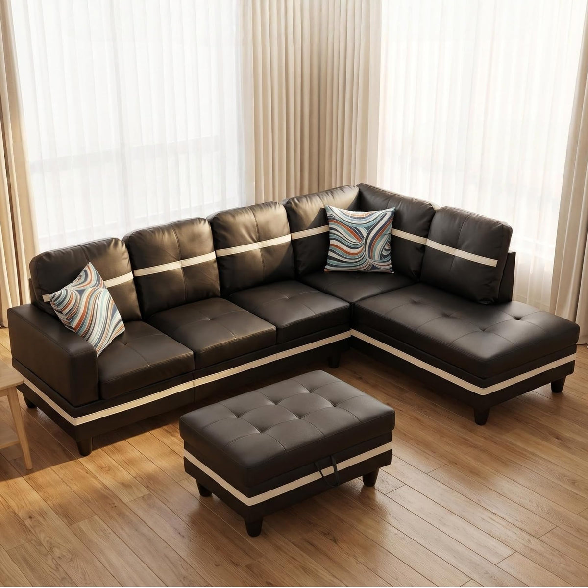 103.5" Sectional Couch with Movable Ottoman, L Shaped 4 Seater PU Faux Leather Sofa w/Chaise Lounge, Comfy Modern Modular Couch for Living Room, Apartment, White Stripes, Right, 3PCS