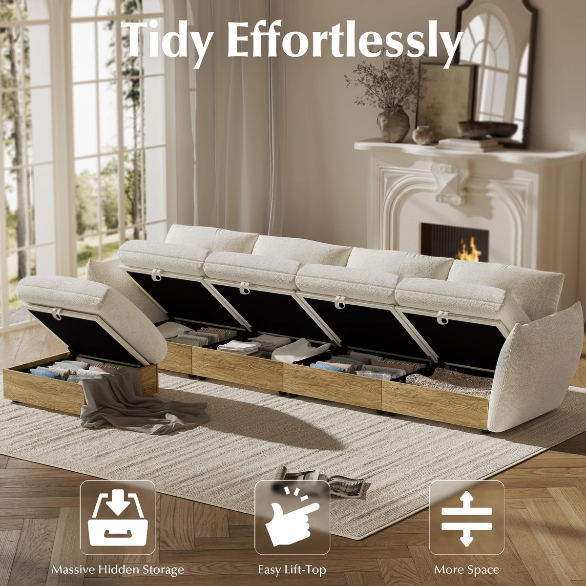 134" L Shaped Cloud Couch Sectional Modular Sofa with Storage, Modular Deep Seat Couch Oversized Sofa with Ottoman, Armrest Pillow, Easy Assembly for Living Room, Apartment, Office, Ivory
