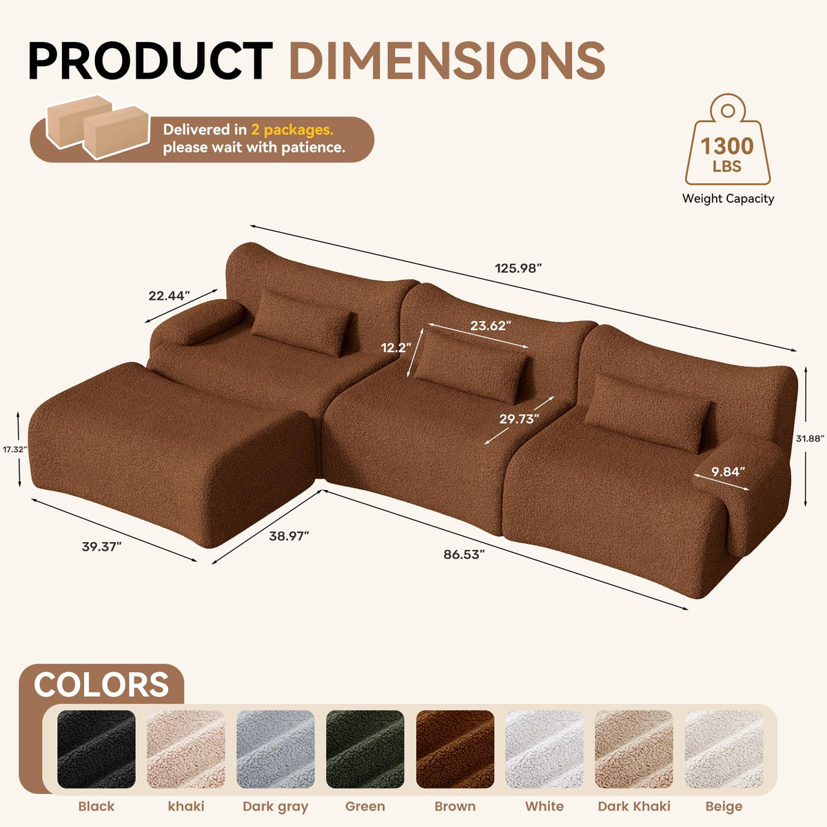 126" L Shaped Boneless Couch, 4-Seat Modular Sectional Sofa with Ottoman, Teddy Fleece Upholstery, Deep Seat Cloud Couch, No Assembly Required,Brown