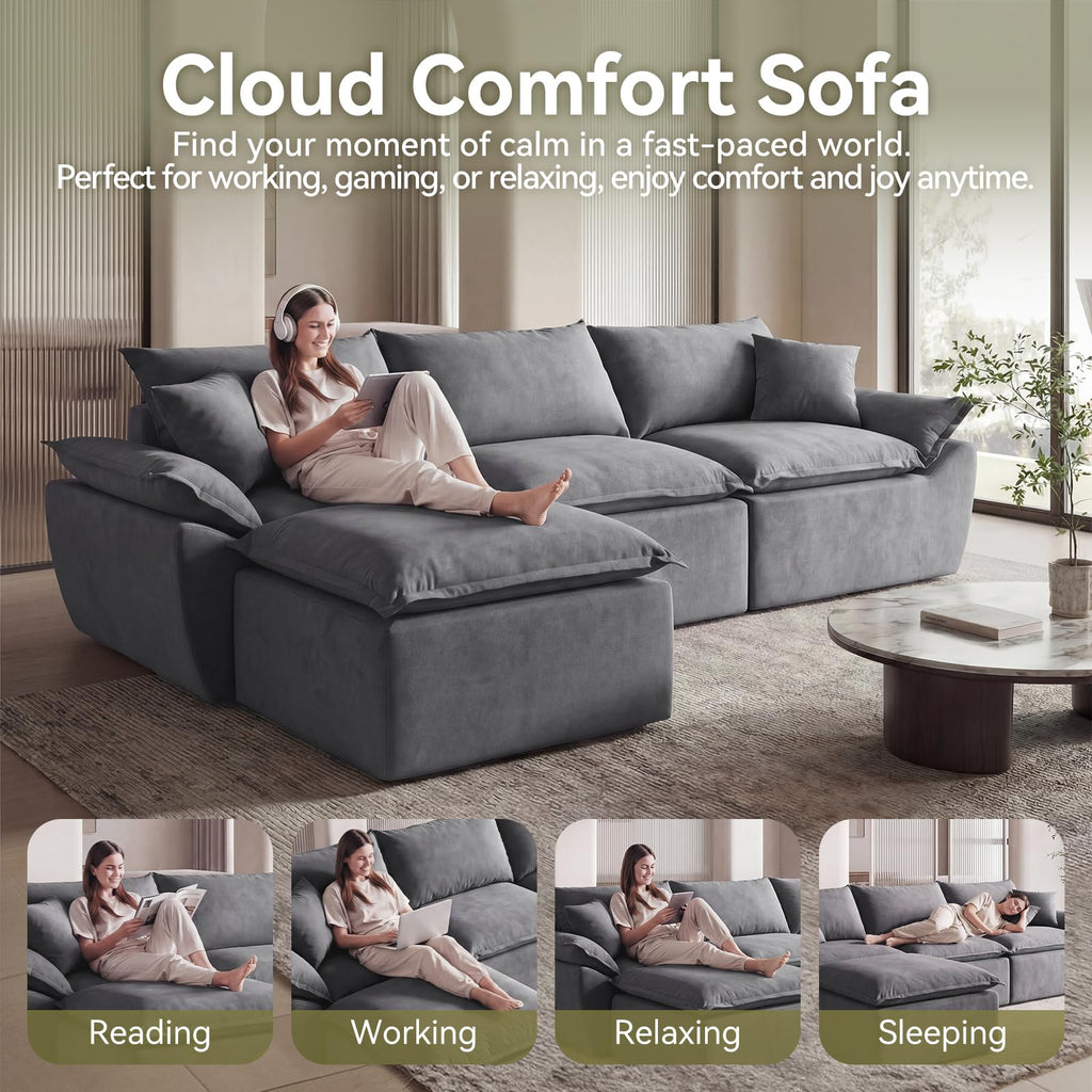 108" Modular Sectional Sofa, 3-Seater Cloud Couch with Moveable Ottoman, L-Shaped Boneless Sofa, Deep Seat Comfy Couches for Living Room Bedroom, No Assembly Required, Gray