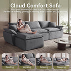 108" Modular Sectional Sofa, 3-Seater Cloud Couch with Moveable Ottoman, L-Shaped Boneless Sofa, Deep Seat Comfy Couches for Living Room Bedroom, No Assembly Required, Gray