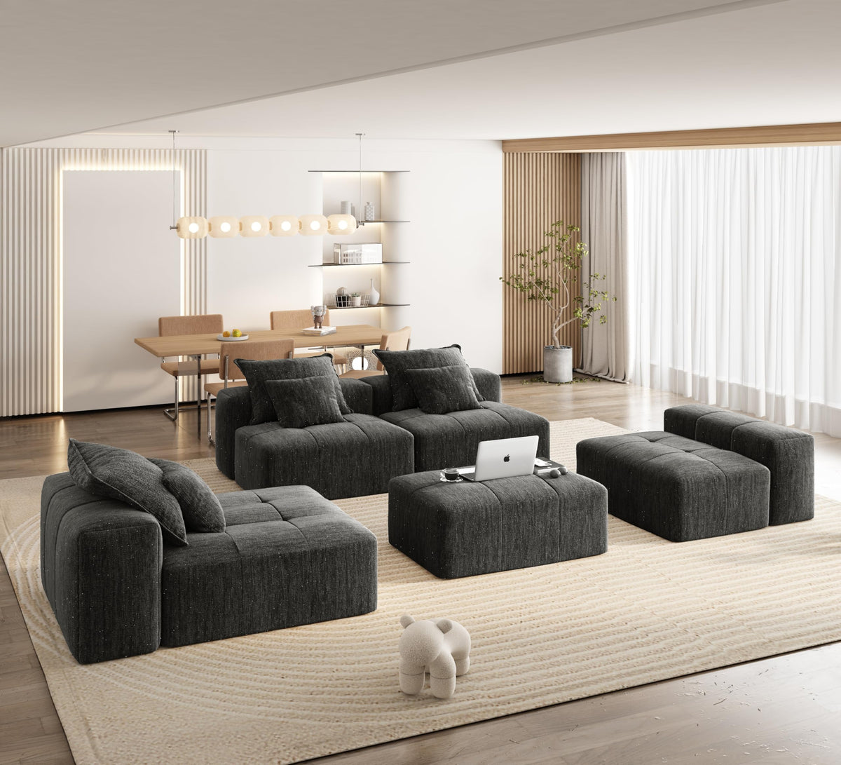 Tidyard Modern Sofa with 6 Pillows, Sparkling Chenille Fabric, No Assembly Required, Black