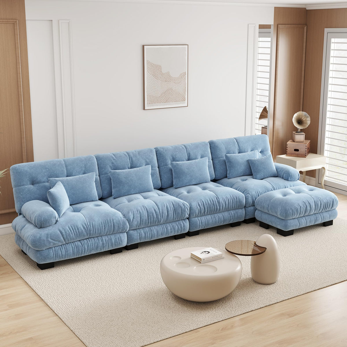 Velvet Modular Sectional Sofa,130" W Oversized U Shape Cloud Couch with 2 Ottomans,Free Combined 3 Seater Comfy Sofa with Bolster Armrest Pillows,Green for Living Room