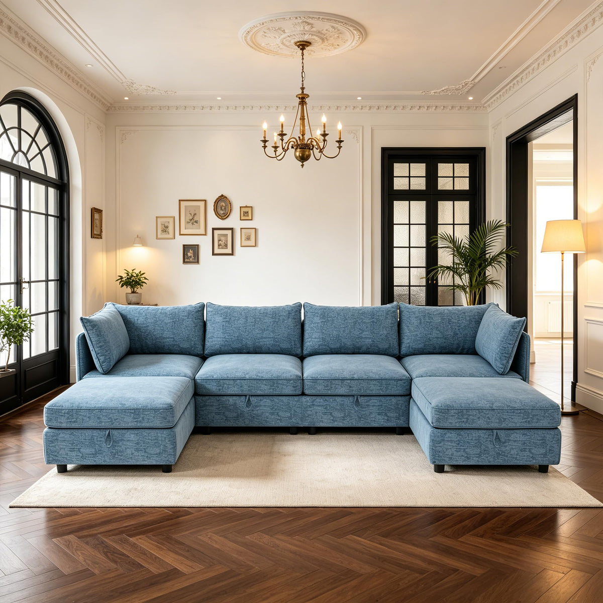 129” Modular Sectional Sofa, Convertible 6 Person U Shaped Couch with Storage, 2 Removable Ottomans & Deep Seats, Memory Foam, Comfy Modular Couch for Living Room (Antique Blue, 6 Seat)