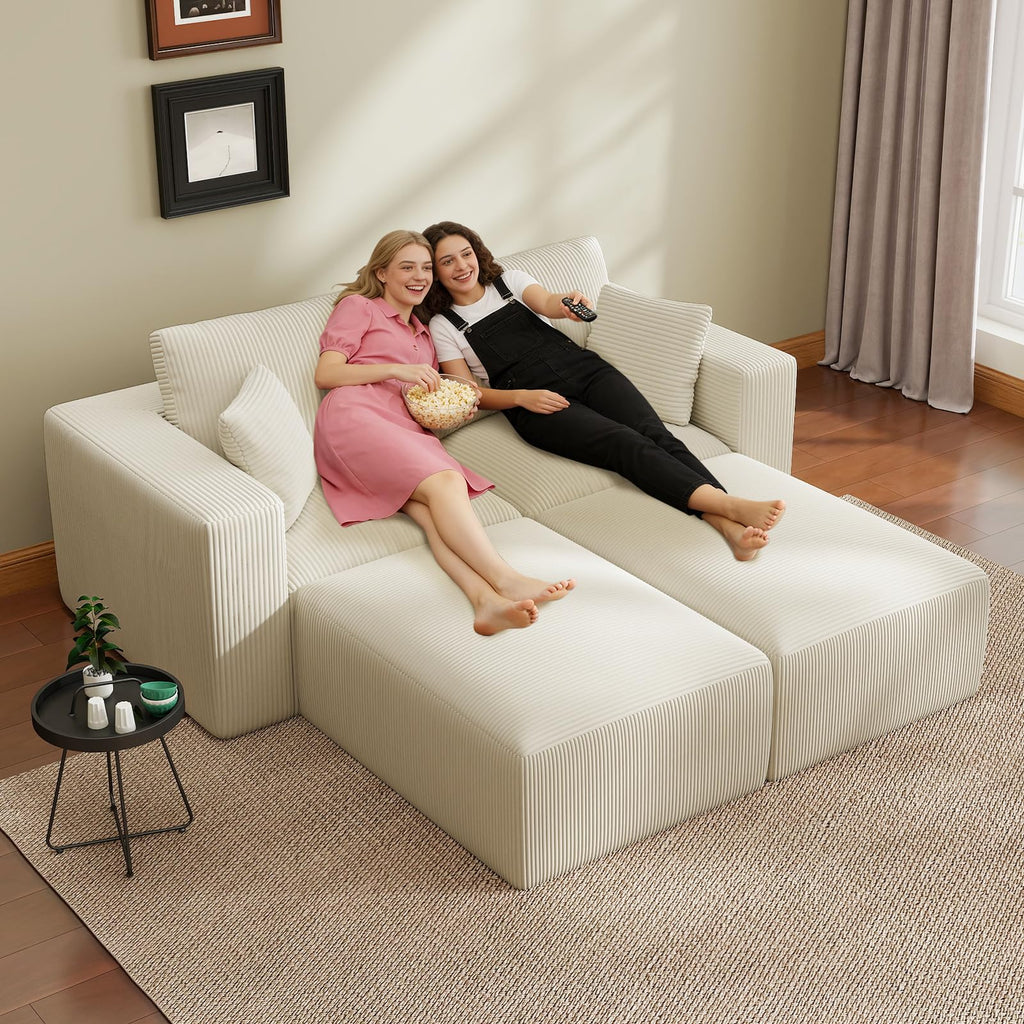 79" Modular Sectional Sofa, Cloud Couch Loveseat Memory Foam Boneless Couch with Chaise, Cozy Upholstered Corduroy Floor Couch, No Assembly Required Living Room Furniture for Apartment, Beige