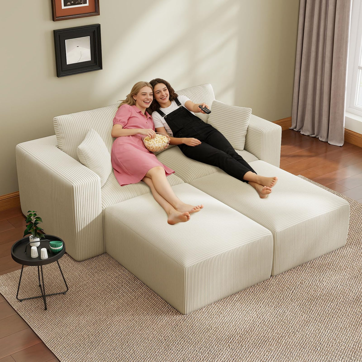79" Modular Sectional Sofa, Cloud Couch Loveseat Memory Foam Boneless Couch with Chaise, Cozy Upholstered Corduroy Floor Couch, No Assembly Required Living Room Furniture for Apartment, Beige