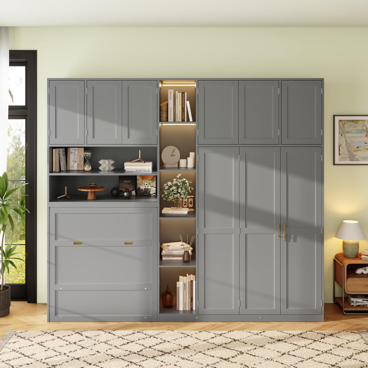 Twin Size Murphy Bed with Open Shelving, Sofa Front and Printed Panel