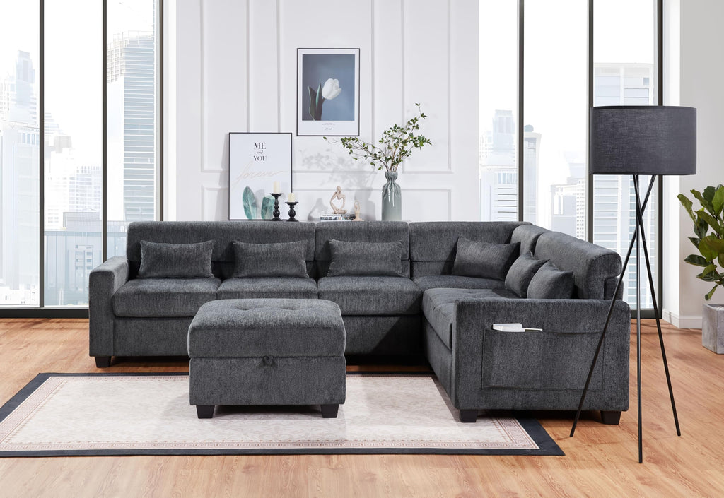 Trey Gray Chenille Sectional Sofa with Adjustable Backrest, Charging Ports, Side Pockets, Tufted Storage Ottoman, and Pillows
