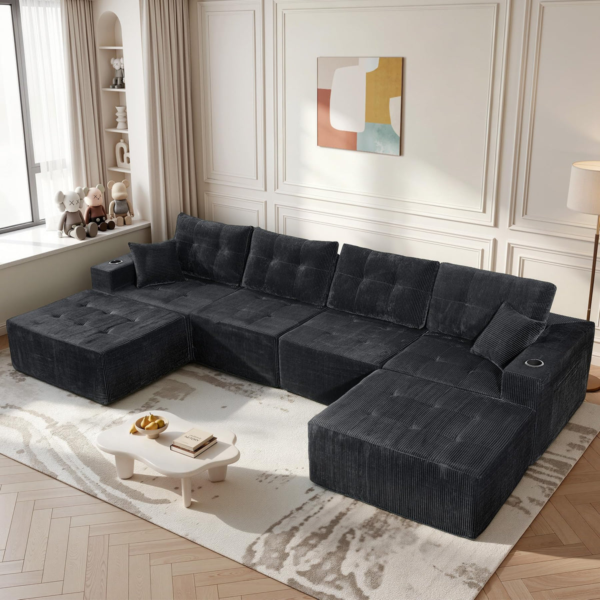 113" Boneless Modular Sectional Sofa, L-Shape Couch, 4-Seat Gray Corduroy