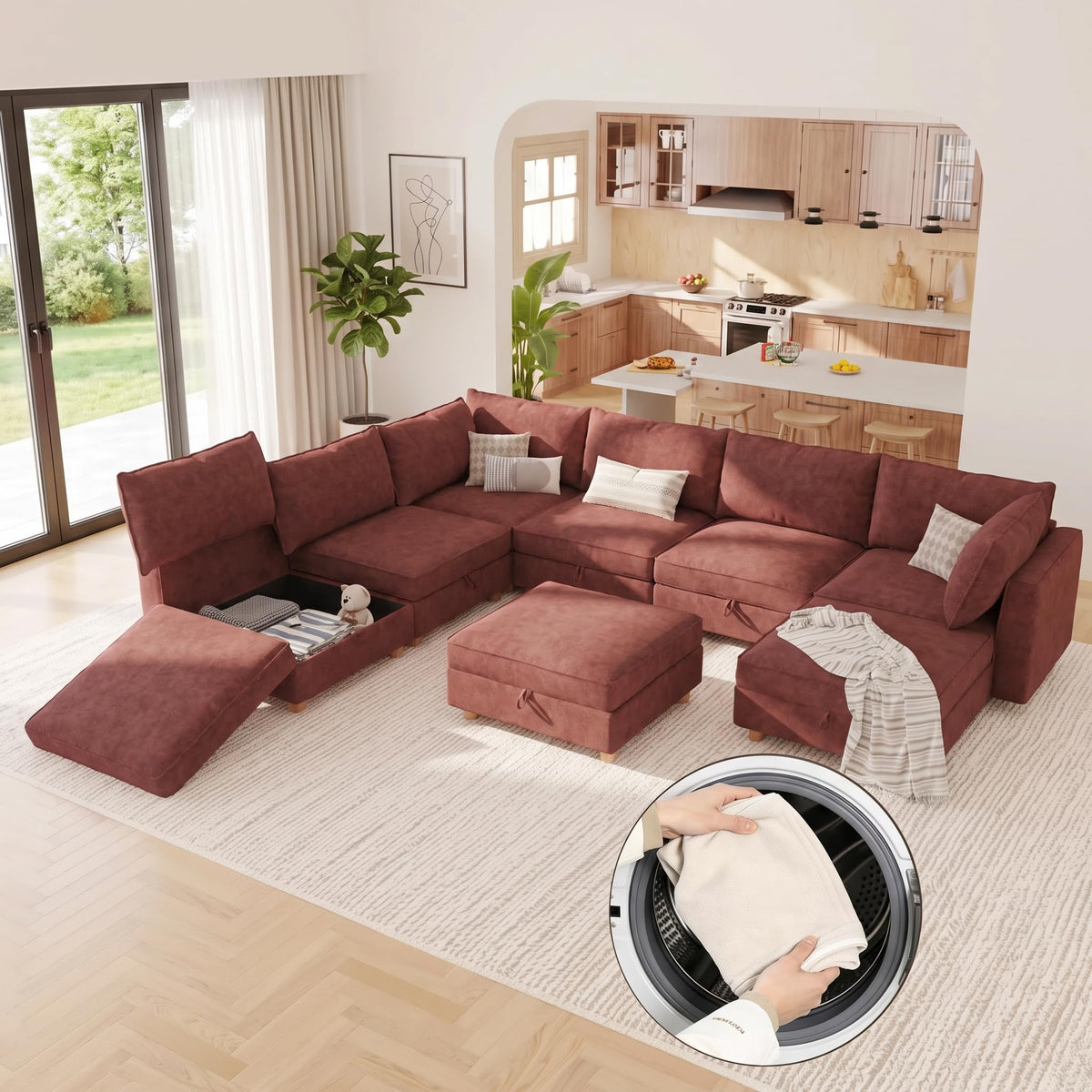 128'' Modular Sectional Sofa with Storage & Washable Covers, Convertible U/L Shaped Couch with Ottoman, 8-Seat Chenille Sectional Sleeper Sofa, Modular Sectional Sofas for Living Room,Orange