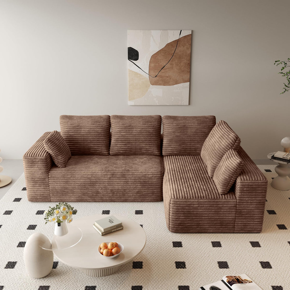 134 Inch Oversized Boneless Sofa Bed, Fluffy Corduroy Sleeper Sofa for Apartment Bedroom Living Room, Comfy Modular Cloud Sectional Couch, Boneless Couch, No Assembly, Brown