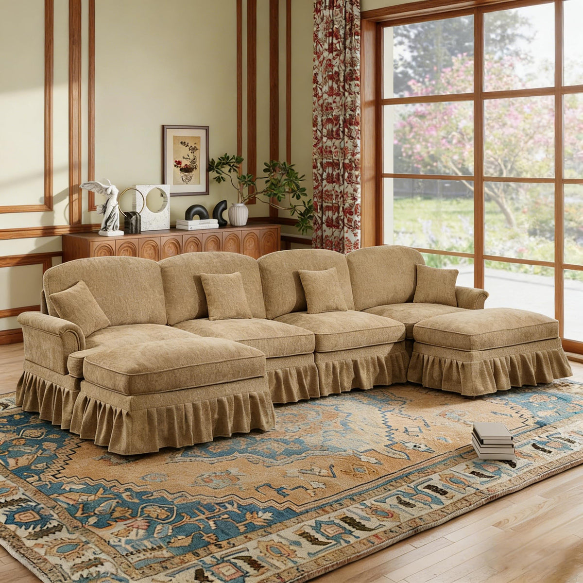 107'' Modern Sectional Sofa, Upholstered U-Shaped Couch with Removable Ruffles Pleats Skirts, Silver Chenille Cloud Couch, Ottoman, Flared Arms, 4-Seat Couches for Living Room, Bedroom, Camel