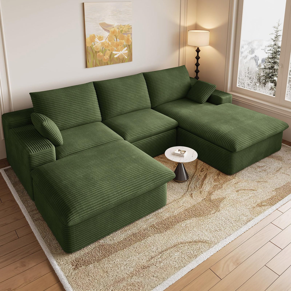 107" Cloud Couch Modular Sectional Couchs with Chaise Lounge, U-Shape Boneless Couches with Ottoman for Living Room, Corduroy Sofa with Deep Seat, No Assembly Required (Green, Left Facing Chaise)