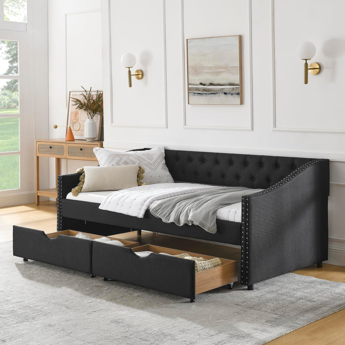 Versatile Daybed with Pull-Out Trundle, Textured Fabric Upholstery