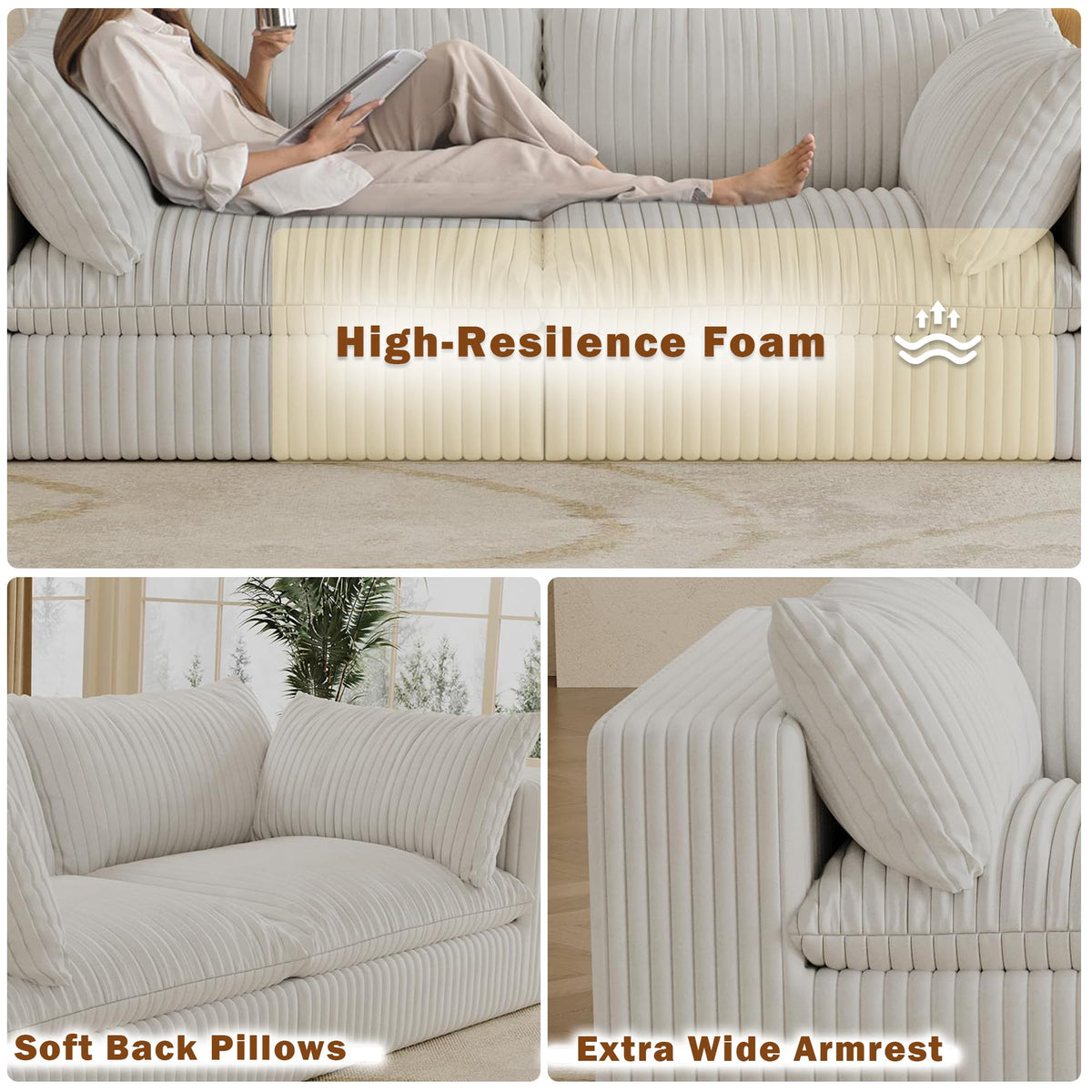 118.2" L‑Shape Modular Cloud Sectional Sofa, 3‑Seater Couch with Ottoman