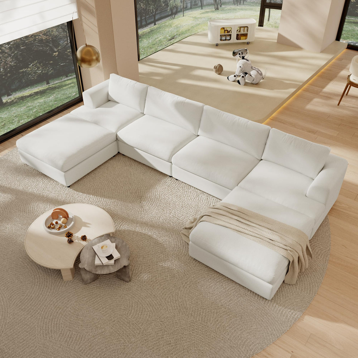 118" V Shape Sectional Sofa Couch, Modern Modular Boucle Cloud Couch with Flexible Layout, Oversized Comfy Upholstered Modular 5-Seats Sectional Couch, White
