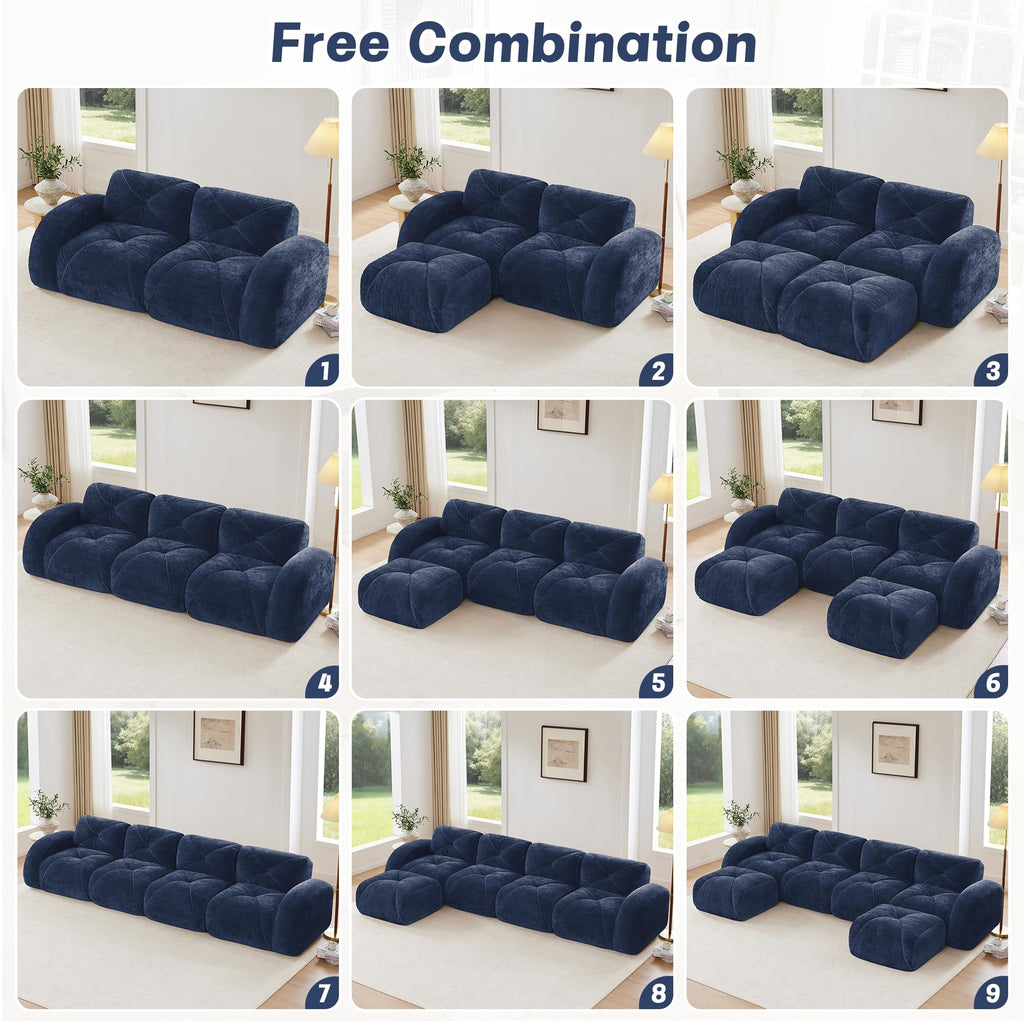 U-Shaped Boneless Sofa, Tufted 32d High Density Sponge Bottom, Anti-Slip Design, No Assembly Required, Free Combination, Movable Ottomans for Living Rooms, Home Theater, Blue