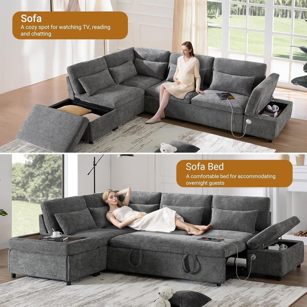 107" Modular Sectional Sleeper Sofa with Pull Out Bed, Oversized L-Shape Couch with USB Charger, Storage Ottoman & Adjustable Armrest, Chenille Sectional Couches for Living Room, Grey