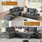 107" Modular Sectional Sleeper Sofa with Pull Out Bed, Oversized L-Shape Couch with USB Charger, Storage Ottoman & Adjustable Armrest, Chenille Sectional Couches for Living Room, Grey