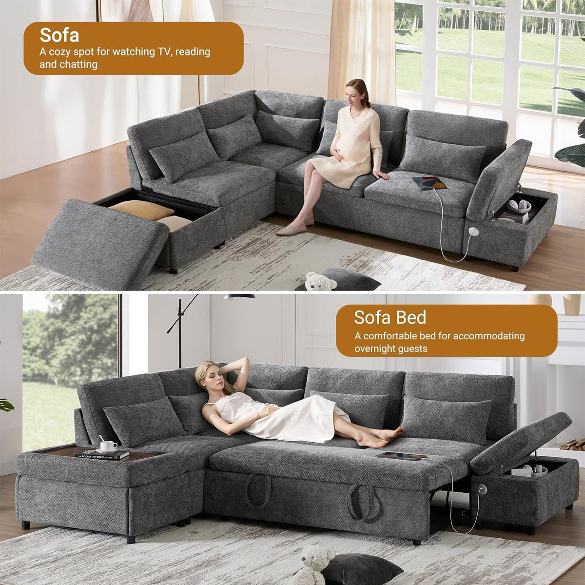 107" Modular Sectional Sleeper Sofa with Pull Out Bed, Oversized L-Shape Couch with USB Charger, Storage Ottoman & Adjustable Armrest, Chenille Sectional Couches for Living Room, Grey