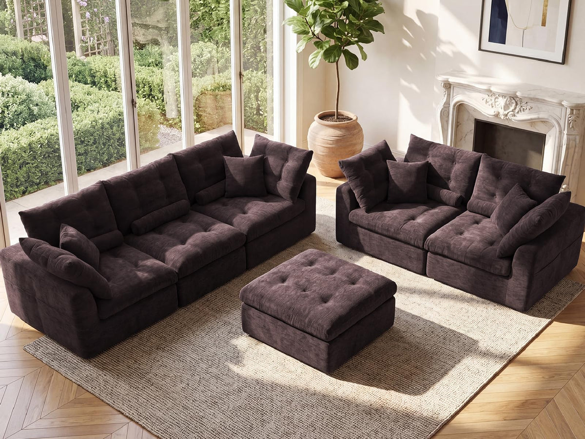 110" Living Room Sofa Set, Chenille Tufted Couch and Loveseat Sets for Living Room, Modular Sectional Boneless Couch with Ottoman & Throw Pillows, Brown