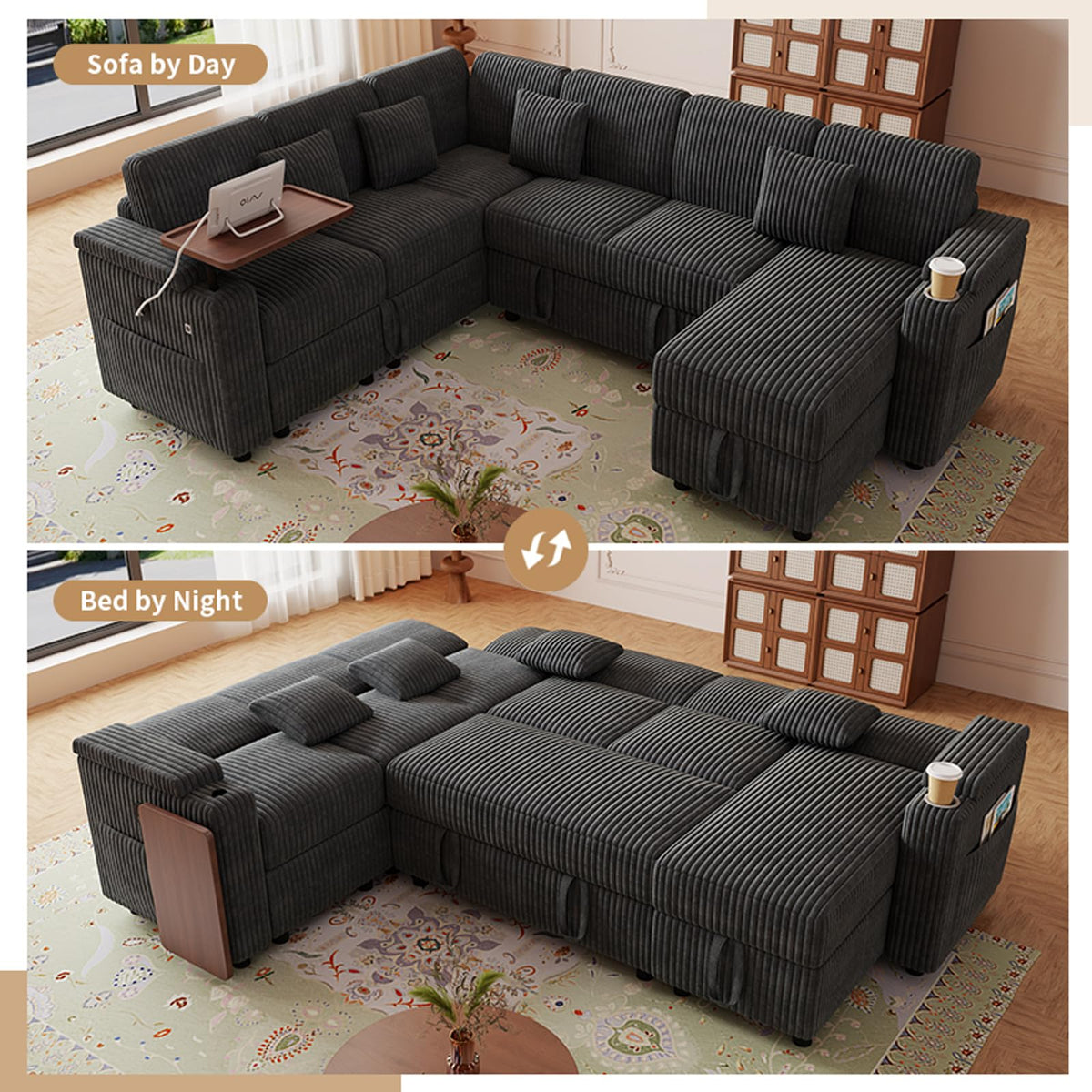 100" Gray Modular Sectional Sleeper Sofa with Pull Out Bed