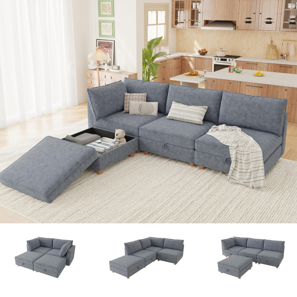 127'' Modular Sectional Sofa,FSC Certified 6 Seater Sectional Sofa,Chenille Couch with Removable Washable Covers,Modern Couch with Ottoman,U Shaped Couch with Storage,Beige Couches for Living Room