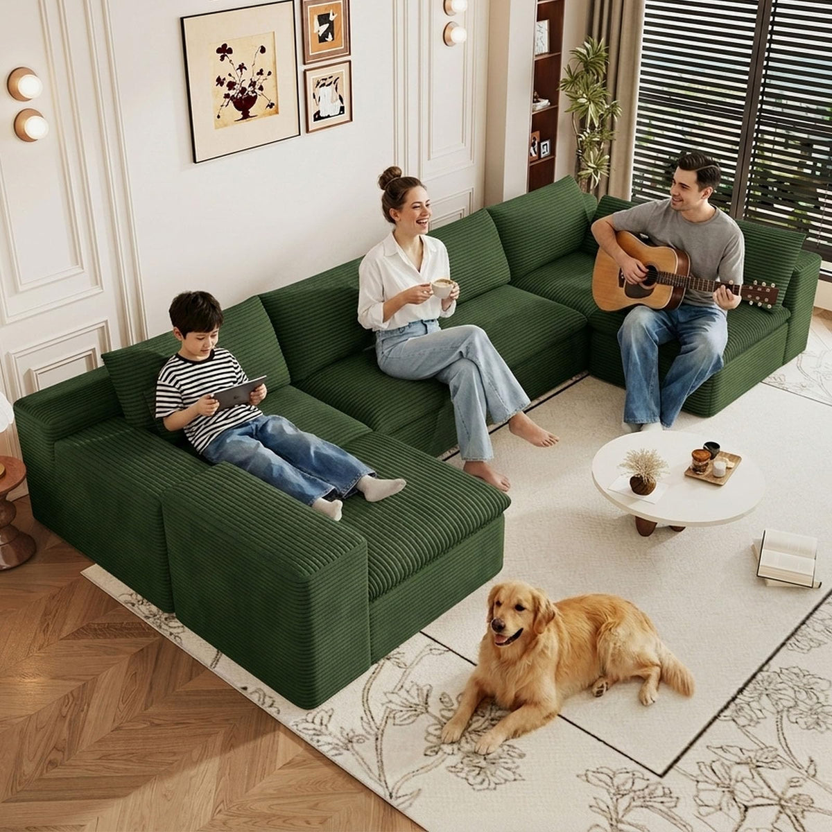 107" Cloud Couch Modular Sectional Couchs with Chaise Lounge, U-Shape Boneless Couches with Ottoman for Living Room, Corduroy Sofa with Deep Seat, No Assembly Required (Green, Left Facing Chaise)