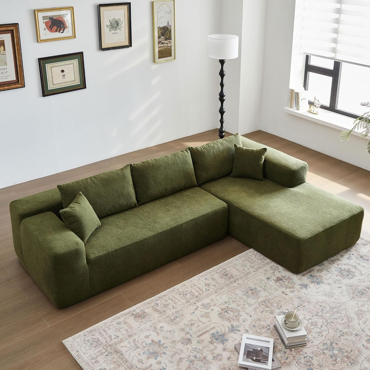 104" L-Shape Modular Sectional Sofa Couch,Comfy Upholstered Cloud Couch for Living Room,Modern Minimalist Couches,Deep Seat,No Assembly Required (Black,Plush Corduroy, Right Facing Chaise w/Ottoman)