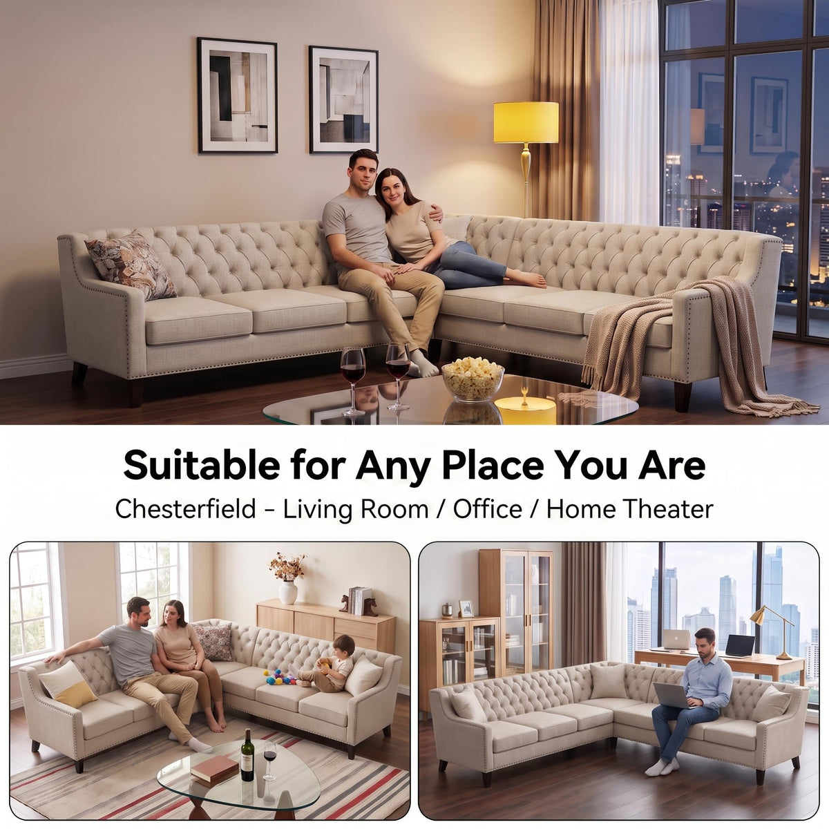 103" X 103" 7 Seat Corner Sofa L Shaped Couch Chenille Sectional Couch with Three Pillows Tufted Backrest Chesterfield L Shaped Sofa Sectional Couches for Living Room Office, Restaurant, Bar Beige