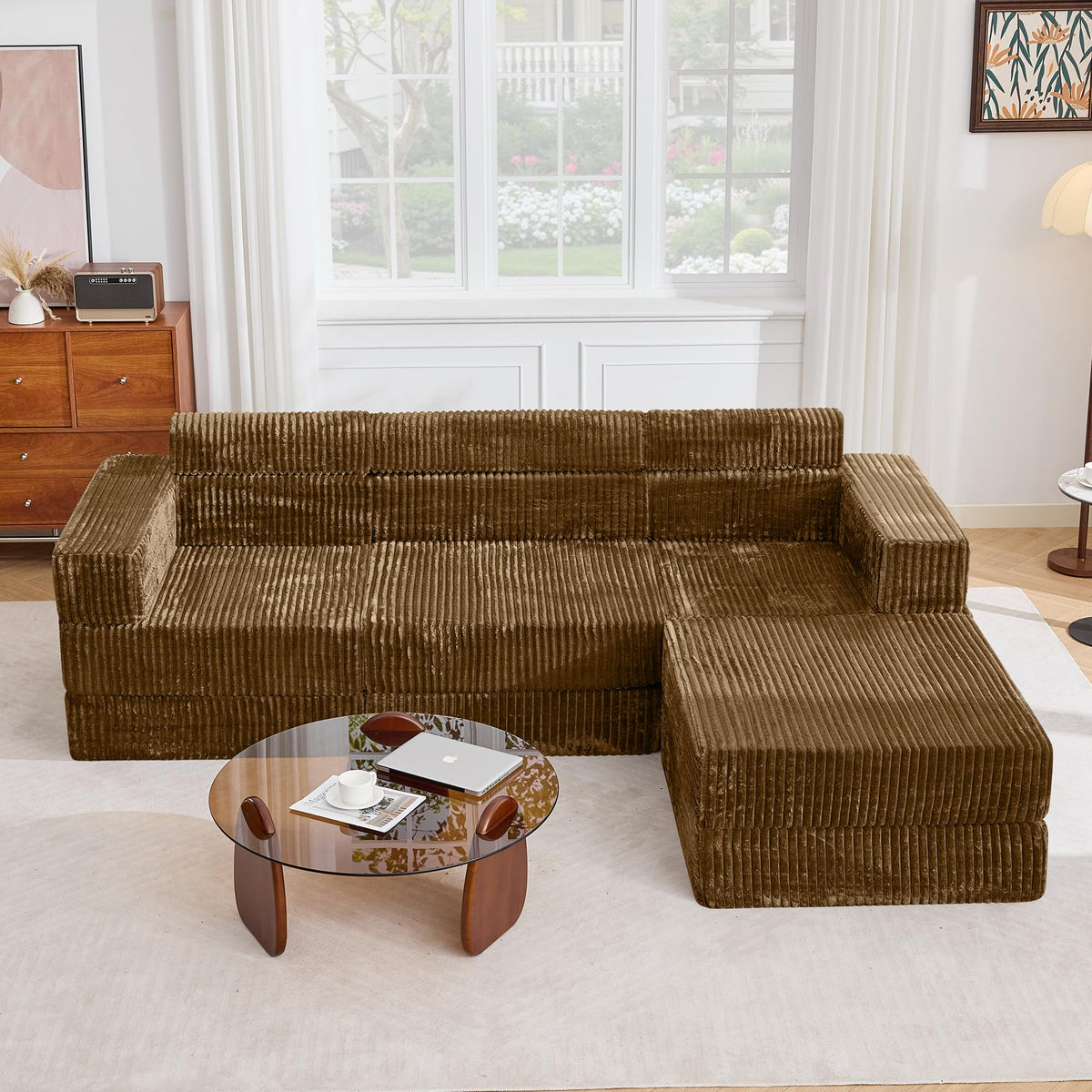 Tbfit 142” Modular L Shaped Sectional Boneless Couch, Convertible Futon Sofa Bed, Corduroy Cloud Mattress Sleeper Sofa, Comfy Folding Upholstered Floor Couches for Living Room, Bedroom, Beige