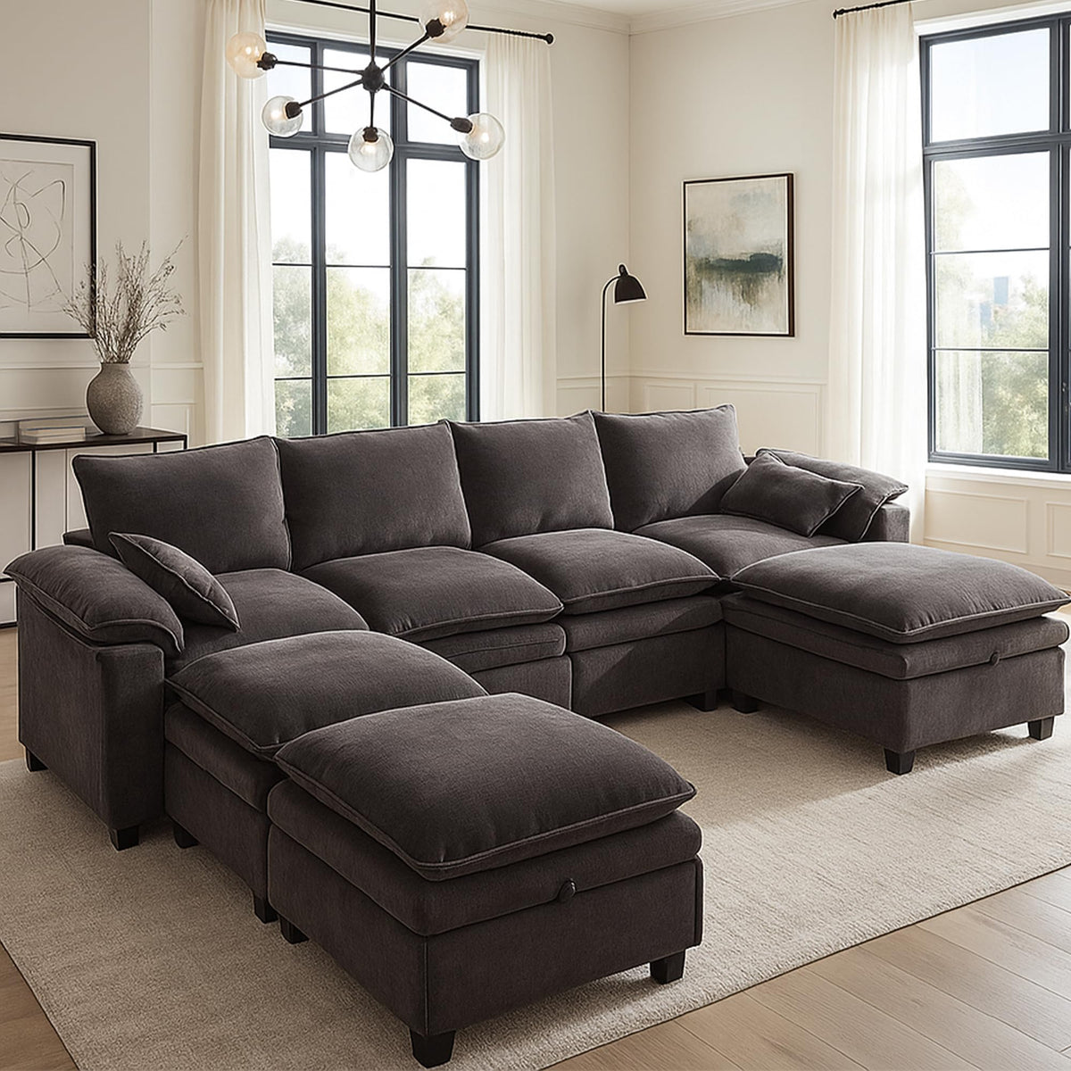 130" Modular Sectional Sofa with Storage, Premium Chenille Cloud Couch with Movable Ottomans, 1200lbs Heavy Duty Deep Seat Sectional, High-Density Foam