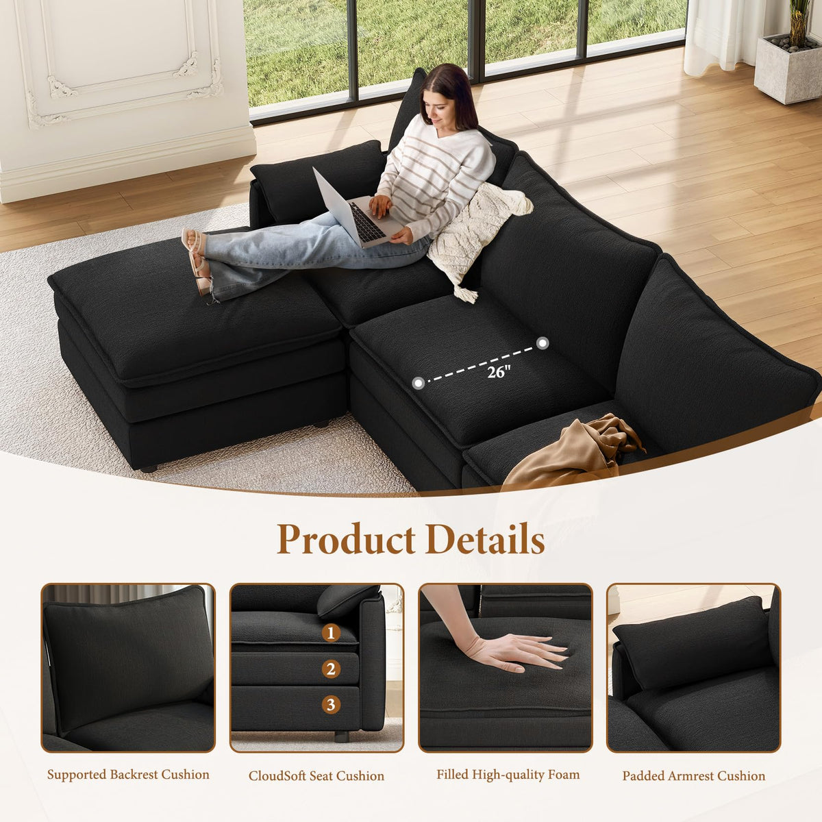 Vesgantti 101" V-Shaped Cloud Sofa Sectional, 7 Seat Corner Couch, Black