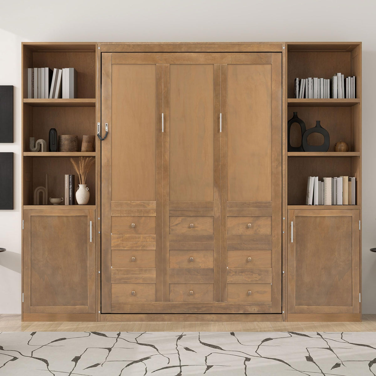 Twin Size Murphy Bed with Open Shelving, Sofa Front and Printed Panel