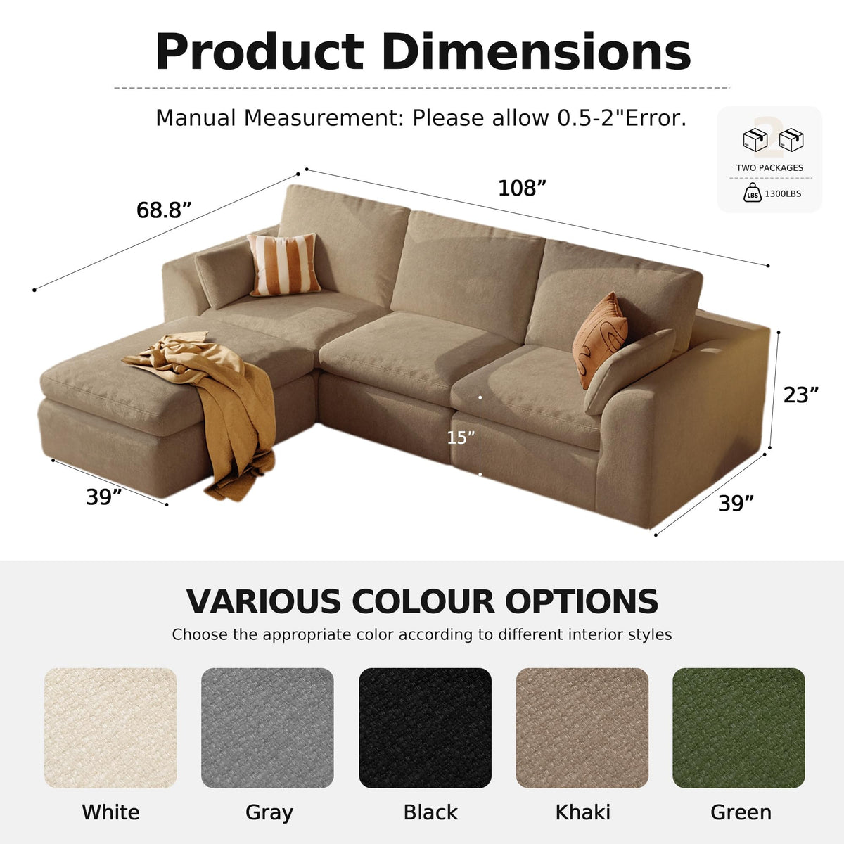 108" Boneless L-Shape Modular Cloud Sectional Sofa with Ottoman