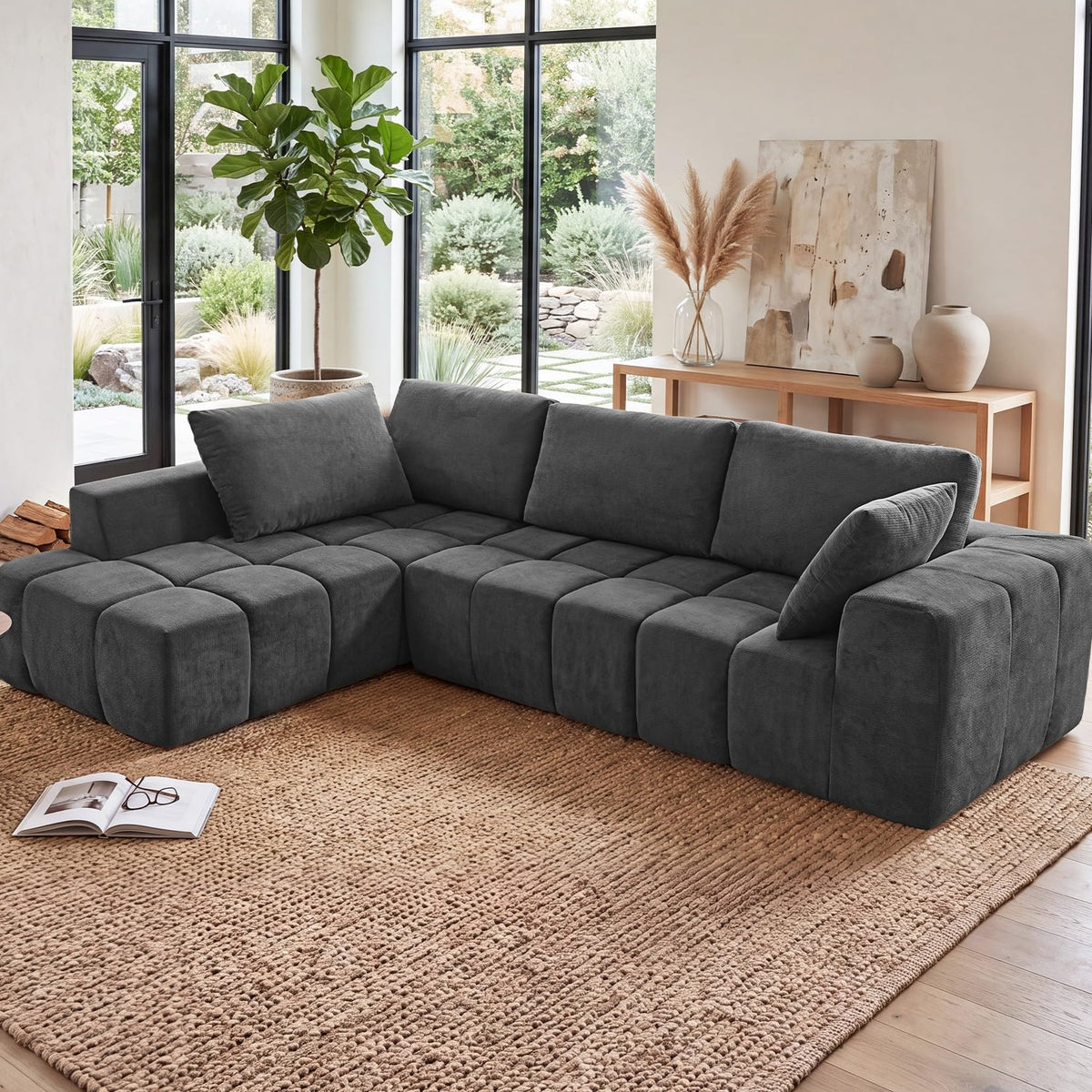 116" Modular Boneless Couch for Living Room, Modern Sectional Chenille Sofa with Oversized Deep Seat,Cloud Couch with L-Shape Chaise,No Assembly Required,Gray