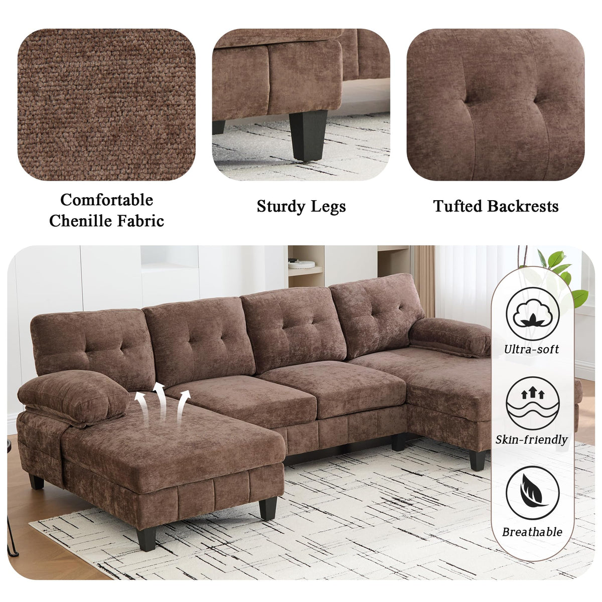U Shaped Sectional Sofa 103.5" Chenille Fabric Couch with Dual Chaise Lounges, Storage Pockets and Armrest Pillows for Living Room, Brown